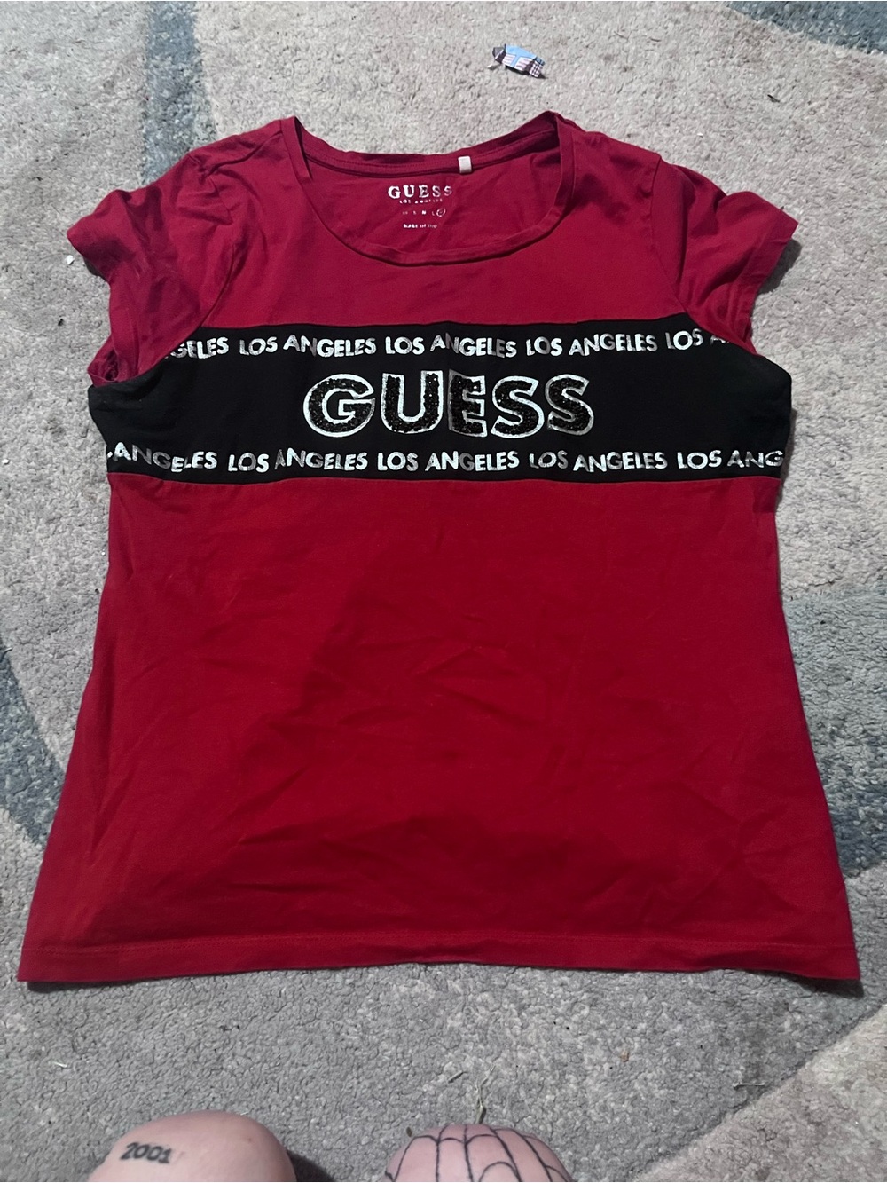 GUESS Red Short Sleeve Tee with Black Logo Band
